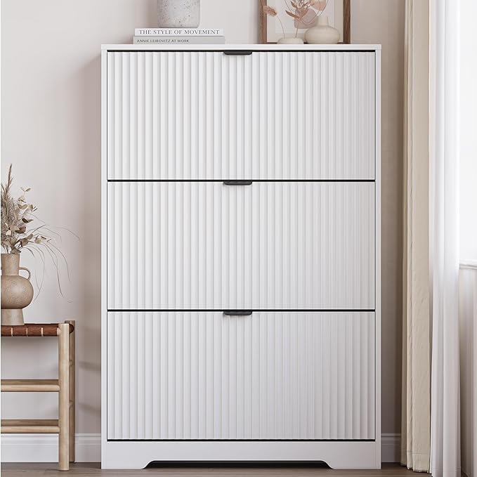 BORNOON Entryway Shoe Cabinet with 3 Flip Drawers, Narrow Shoe Organizer Cabinet with Fluted Panel and Adjustable Shelves for Foyer, Hallway - Image 6