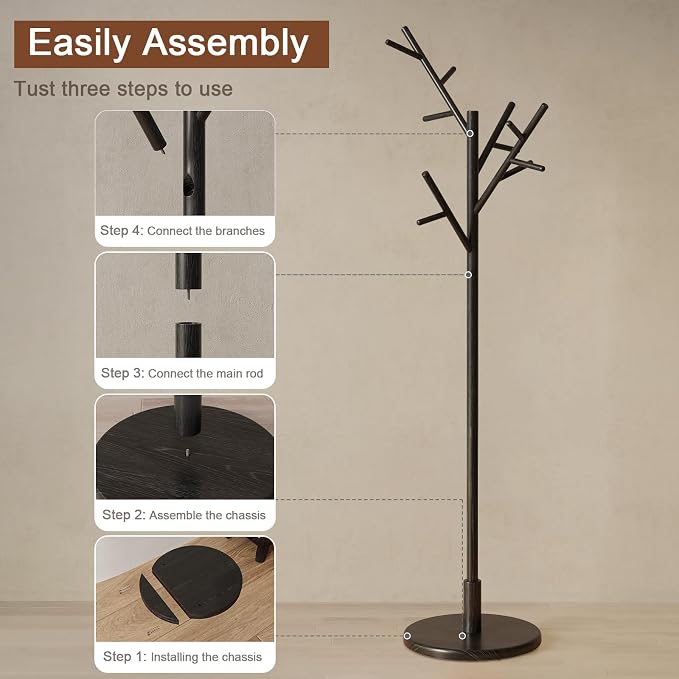 Muwuele Coat Rack, Solid Wood Coat Rack Freestanding with 12 Hooks, Coat tree freestanding 3 Adjustable Heights for coat, Hats, Handbags， Coat Stand for Entryway, Bedroom (Black) - Image 9