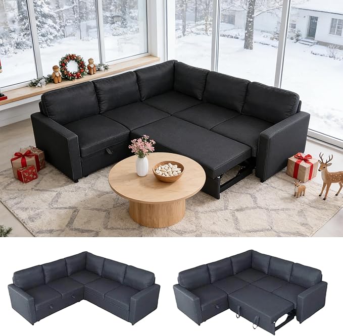 Sectional Sleeper Sofa with Pull Out Bed, L Shaped Pull Out Couch with Storage Chaise, 5 Seats Convertible Couch Bed for Apartment, Living Room, Dark Gray