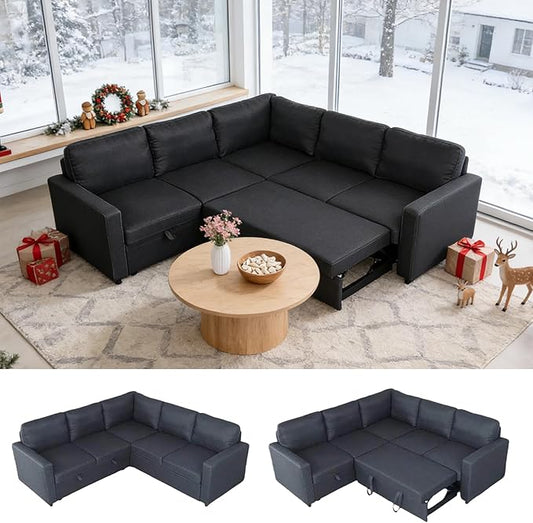 Sectional Sleeper Sofa with Pull Out Bed, L Shaped Pull Out Couch with Storage Chaise, 5 Seats Convertible Couch Bed for Apartment, Living Room, Dark Gray