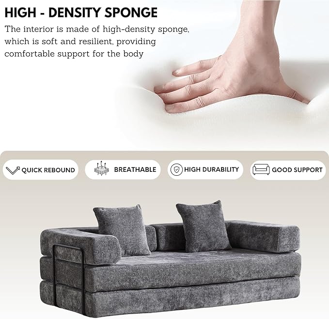 4-in-1 Folding Convertible Sofa Bed, 77" Floor Couch with Pillow - Chenille Fabric & High-Density Sponge & Fixed-Shape Frame, Modular Sofa for Living Room/Lounge/Studio, Dark Grey