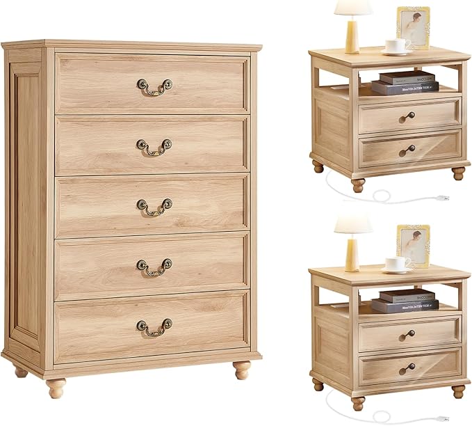 Joaxswe 24" Wide Farmhouse Nightstand with Charging Station Set of 2, 45" Tall Rustic Chests of 5 Drawers w/ 4 Solid Wood Feet, Farmhouse Furniture Series for Living Room,Bedroom,Wood