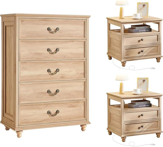 Joaxswe 24" Wide Farmhouse Nightstand with Charging Station Set of 2, 45" Tall Rustic Chests of 5 Drawers w/ 4 Solid Wood Feet, Farmhouse Furniture Series for Living Room,Bedroom,Wood