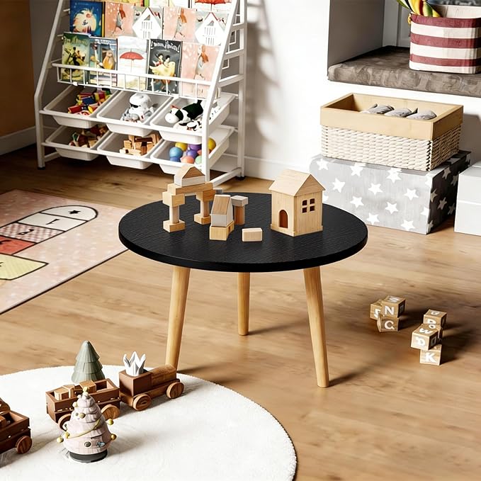Round Coffee Table Low Table with 3 Solid Wood Sturdy Legs,Floor Table Desk for Sitting on The Floor,23.6"D x 23.6"W x 16"H Inches,Living Room/Toy room Furniture,Rental house Furniture (Black)