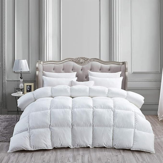 Luxurious Heavy King/California King Siberian Goose Down Comforter All-Season Duvet Insert, Premium Baffle Box, 1200 Thread Count 100% Egyptian Cotton, 75 oz Fill Weight, White Damask Stripe