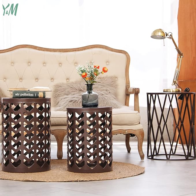 Y&M Set of 3 Round Heavy-Duty Side Table End Table, Coffee Table for Indoor Multifunctional Use, Outdoor Decorative Garden Stool Plant Stand-Pure Brown(Ship from US) - Image 6