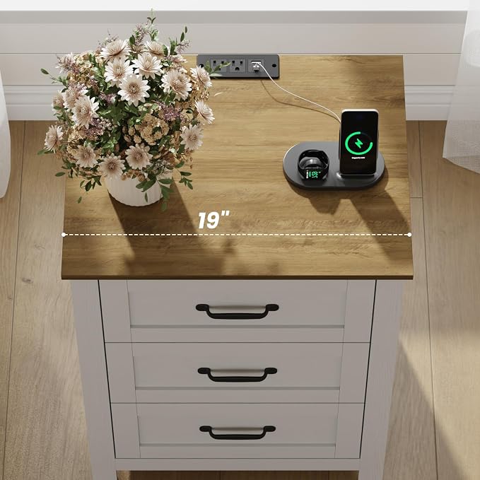 Farmhouse Nightstand Set of 2 with Charging Station and Hidden Drawer, 26" H Bedside Table with 4 Drawers, Night Stand for Bedroom, Home Office, White - Image 7