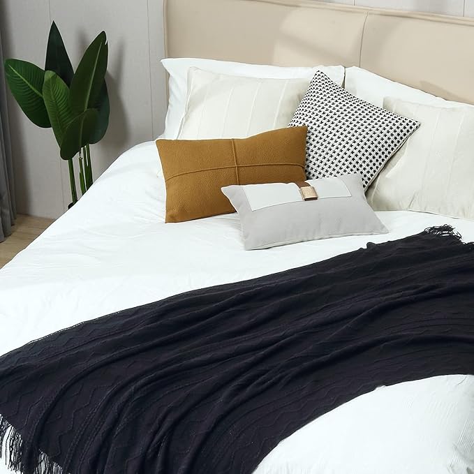 CREVENT Knitted Decorative Throw Blanket for Couch Sofa Chair Bed???Soft Warm Cozy Light Weight for Spring Summer (50''X60'' Black)