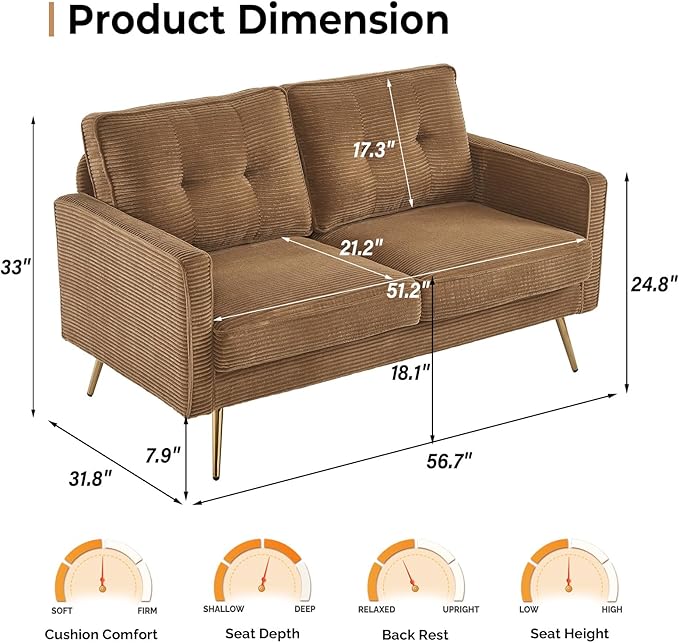 VINGLI 56" Modern Khaki Loveseat,Small Corduroy Sofa Couch Deep Seat for Living Room,2-Seater Loveseat Sofa for Bedroom,Apartment,Office,Dorm,Small Space