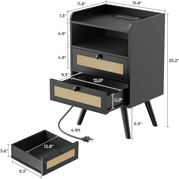SUPERJARE 2 Drawer Night Stand with Charger Station, Boho Rattan Nightstand Set of 2, 25.2 Inch Tall Bed Side Table with Solid Wood Feet, End Table, Open Storage, Synthetic Rattan, for Bedroom, Black - Image 3