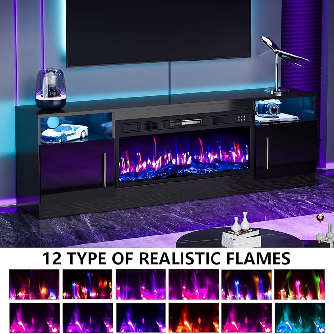 PRETZI Fireplace TV Stand with 36" Fireplace Up to 80" TVs, 70" Entertainment Center with LED Lights, Remote Control, TV Media Console with Storage Cabinets for Living Room, Black - Image 3