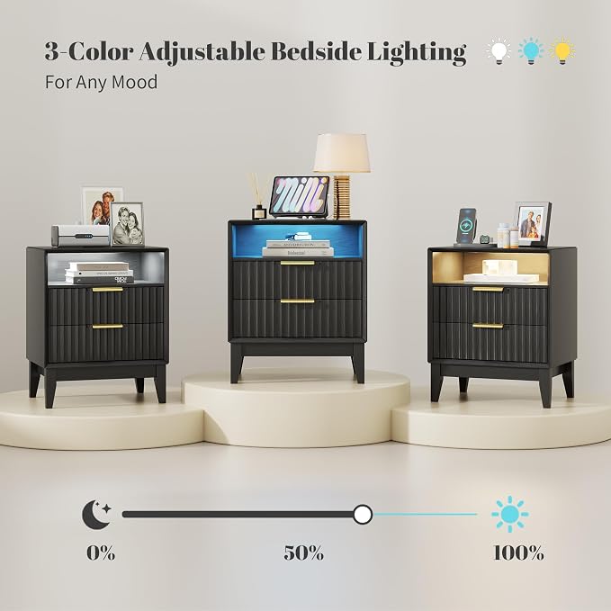 LVSOMT 20'W Fluted Nightstand Set of 2, Night Stand with Charging Station and LED Lights, RFID Lock Hidden Drawer, Mid Century Modern Bedside Table for Bedroom, 2 Drawers and Open Storage Cubby, Black - Image 6