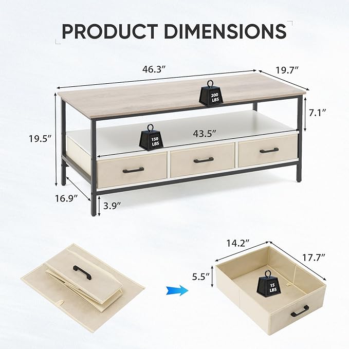 OC Orange-Casual 46" Coffee Table with Storage, 2-Tier Wood Coffee Table with Open Display Shelf & Foldable Drawers, Farmhouse Table with Metal Frame, Small Center Table for Living Room (46.3")