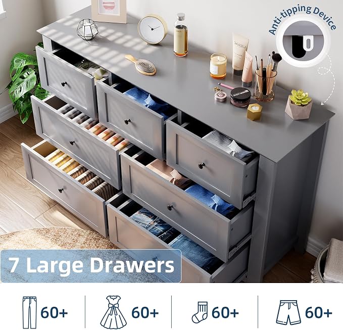 GarveeHome Grey 7 Drawer Dresser for Bedroom, Simply Modern Chest of Drawers, Wood Storage Double Dresser with Deep Drawers for Living Room, Hallway Entryway - Image 5
