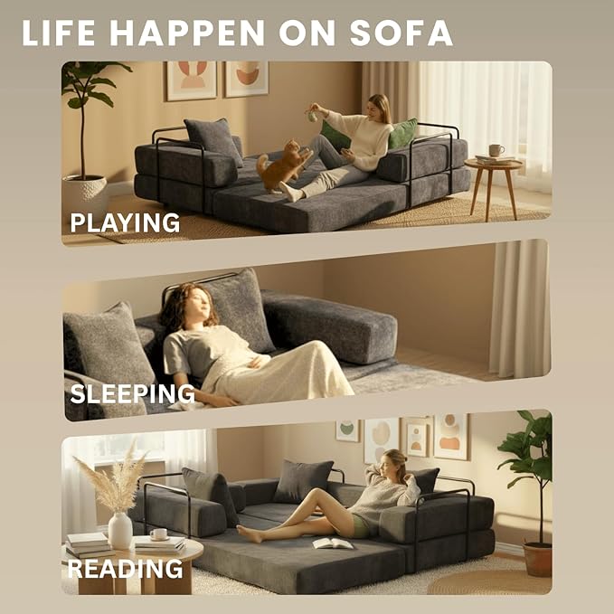 4-in-1 Folding Convertible Sofa Bed, 77" Floor Couch with Pillow - Chenille Fabric & High-Density Sponge & Fixed-Shape Frame, Modular Sofa for Living Room/Lounge/Studio, Dark Grey