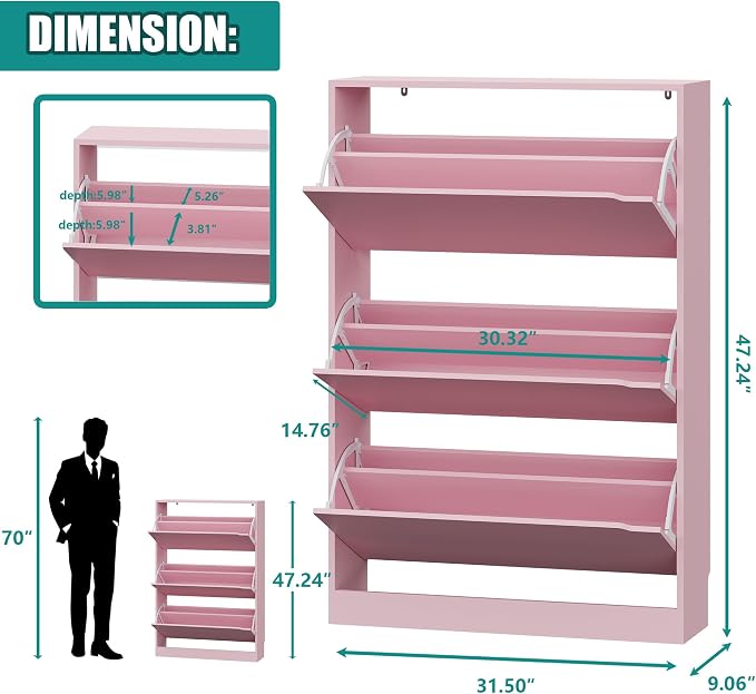 Xixini Shoe Storage Cabinet for Entryway with 3 Flip Drawers, Sturdy Wood Hidden Shoe Storage, Freestanding Narrow Slim Shoe Organizer for Front Door Entrance, Living Room, Hallway, Bedroom, Pink - Image 2