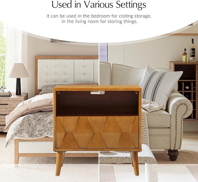 HULALA HOME Wood Nightstand with 1 Drawer & Open Shelf, Mid Century Modern Nightstand with Charging Station, Geometric Pattern Bedside Table for Bedroom, Acorn - Image 7