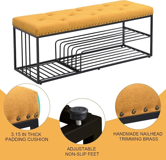 End of Bed Bench-Upholstered Entry Shoe Storage with Nailhead Trim,Black Mental Frame Ottoman Bench for Bedroom Entry Window Mudroom Living Room,Yellow - Image 3