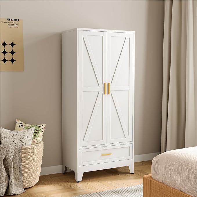 Metal Wardrobe Cabinet, 71" Tall Armoire Wardrobe Closet with Drawer,Hanging Rod and Adjustable Shelf, Farmhouse Clothing Storage Cabinet for Bedroom, Laundry