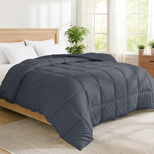 Peace nest Queen Size Goose Feather Fiber and Down Comforter Fluffy Duvet Insert All Season Hotel Luxury Bedding Comforters Soft Medium Warmth 88x88 Inches Dark Grey