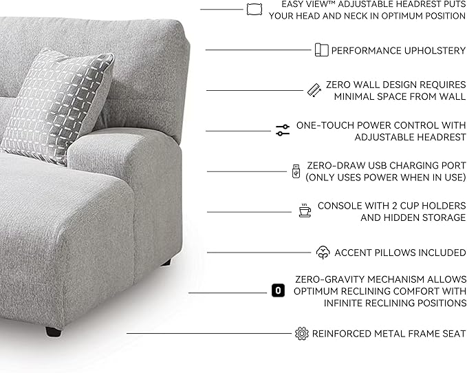 Signature Design by Ashley Acklen Place Modern U-Shaped Modular Stain-Resistant 6-Piece Power Reclining Sectional with Chaise, Adjustable Headrest, USB Charging Ports and Console, Light Gray