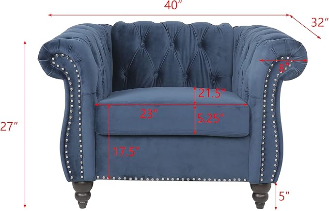 LEVNARY Velvet Chesterfield Chair, Mid-Century Modern Single Sofa Chair with Button Tufted Backrest and Nailhead Decor, Tufted Upholstered Rolled Armchair for Home Bedroom Reading Room (Blue)