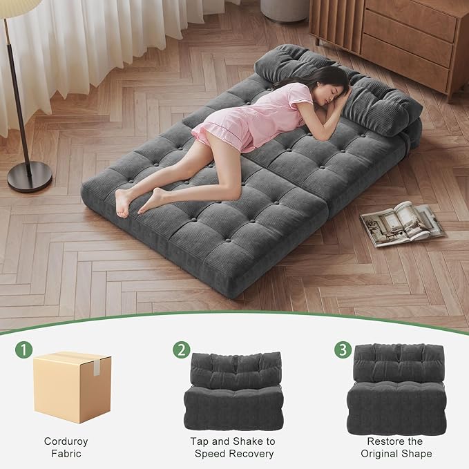 GarveeHome Folding Sofa Bed, Floor Folding Couch with Pillow, Futon Sofa Bed Convertible Sleeper Chair Foldable Mattress Back Support, Portable Fold Out Couch, Full, Corduroy, Dark Grey