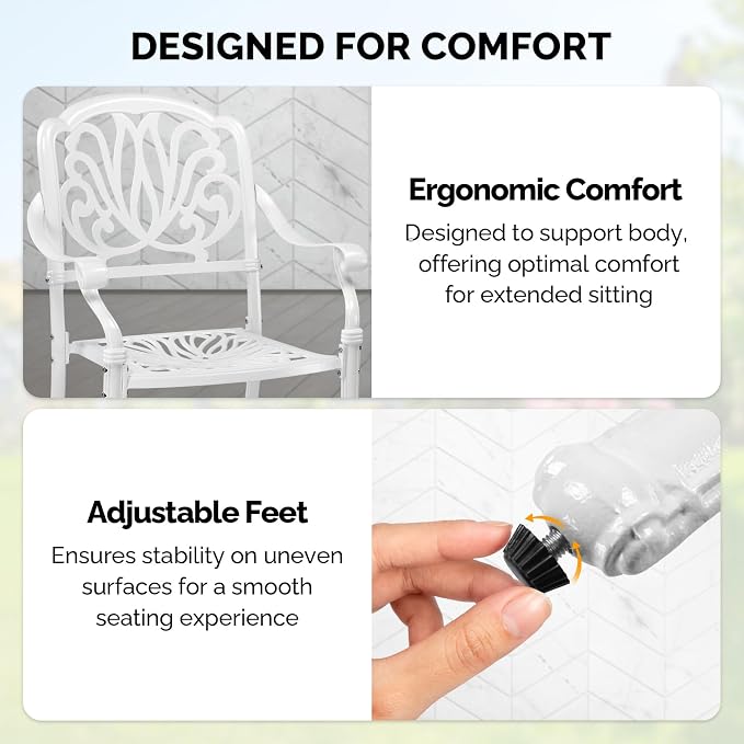 VINGLI Patio Chairs Set of 2 - Stackable Outdoor Cast Aluminum Dining Chairs with Vintage White Finish and Floral Pattern, Metal Armchairs for Poolside, Backyard, Balcony (No Cushion) - Image 5