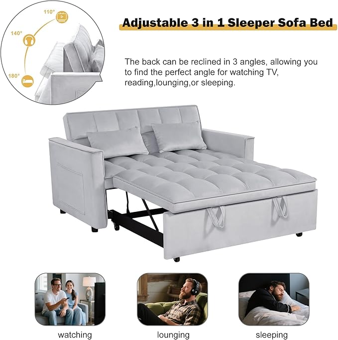 Convertible Sofa Bed, Love Seat Sleeper Bed with Side Pockets, 3 in 1 Velvet Fabric Pull Out Couch with Adjustable Backrest for Living Room, Bedroom, Apartment, Light Gray