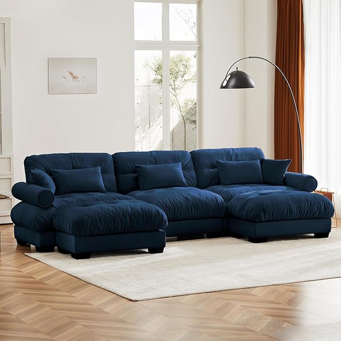 KEIKI 130" U-Shaped Oversized Velvet Modular Sectional Sofa with 2 Ottoman, High-Density Foam Cushions and Bolstered Armrests, Upholstered 3-Seater Cloud Couch with 5 Pillow, for Living Room, Blue
