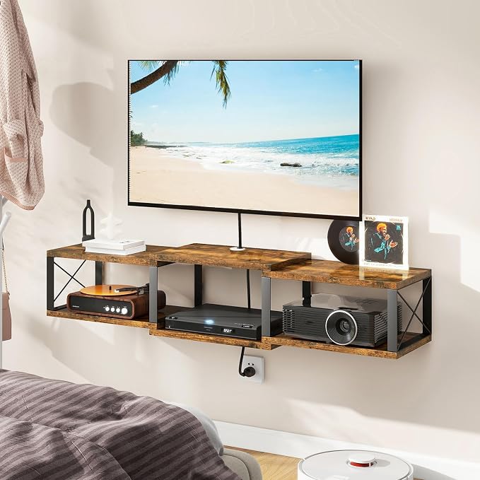 IBUYKE Floating TV Stand with Power Outlet,Wall-Mounted Floating Stand for TVs up to 55",Metal Entertainment Center,Wall Mounted TV Shelf with Storage for Living Room Bedroom,Rustic Brown UWST011H - Image 7