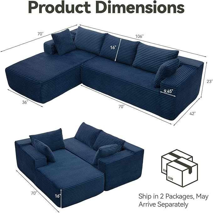 106" Modular Sectional Sofa, Blue Corduroy Cloud Couch with Right Chaise, Deep Seat Boneless Floor Sofa for Living Room, High-Resilience Foam Support, No Assembly Required, Includes Pillows | Sectional Sofa, Corduroy Cloud, Boneless, High-Resilience, N...