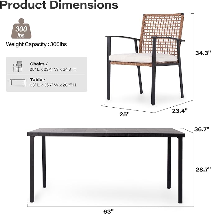 LAUSAINT HOME 7 Pieces Patio Dining Set, Outdoor Furniture Set of 6 Chairs with Soft Cushion and Iron Slats Table Top with Umbrella Hole, Conversation Set for Backyard, Garden and Poolside - Image 6