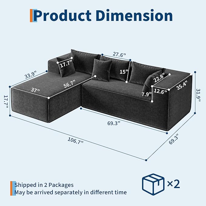 GarveeHome Modular Sectional Couches for Living Room, Cloud Sectional Couch with Deep Seat, 106.7 in Modular L-Shape Sofa with Chaise, Upholstered Couches for Bedroom, Chenille Dark Gray