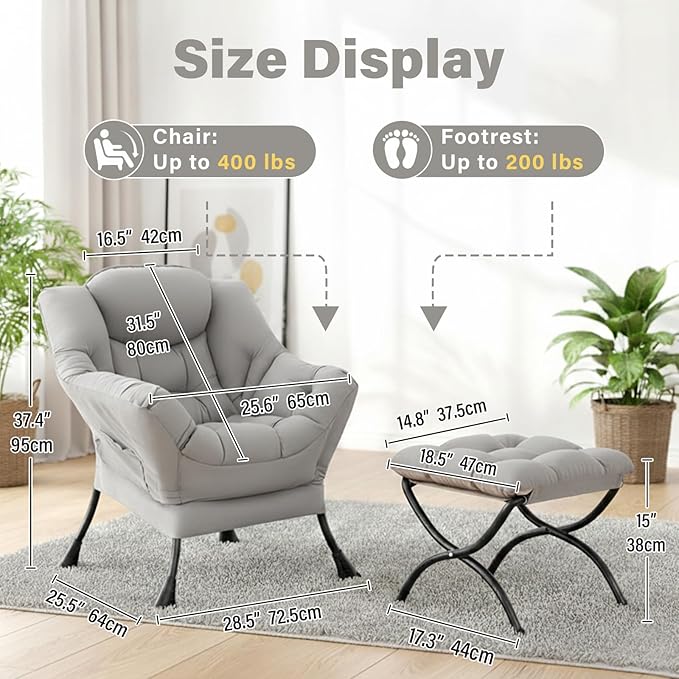 Cozy Lazy Chair and Ottoman, Large Light Grey Contemporary Accent Chair Set, Leisure Upholstered Reading Armchair for Office, Bedroom, Living Room, Dorm Rooms, Balcony