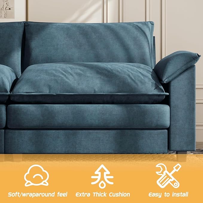 Shahoo Sectional Modular Sofa U Shaped Chenille Fabric Couch with High Supportive & Soft Sponges and Removable Ottoman, Sleeper Comfy Upholstered Furniture for Living Room, Blue
