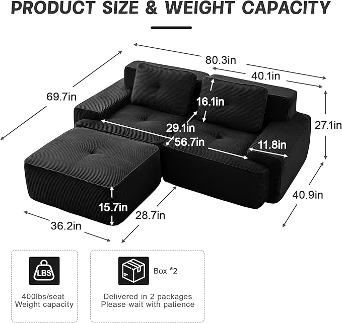 Casaphoria 80" Black Corduroy Cloud Couch, Boneless Modular Sectional Sofa for Living Room with Deep 2-Seat & 1-Ottoman, L Shape Cloud Couch No Assembly Required
