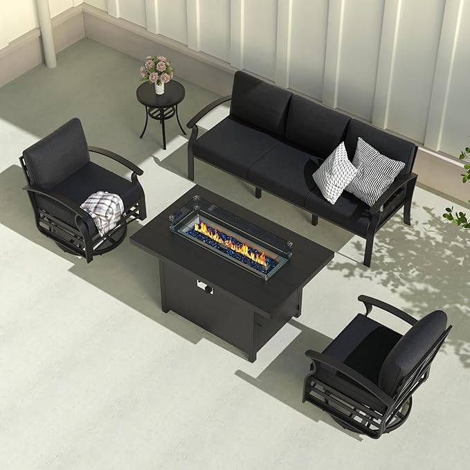 Aluminum Outdoor Patio Furniture Set,5 Pieces 5 Seats Metal Patio Sectional Furniture Set,Patio Conversation Sets with 45" Propane Fire Pit Table,Swivel Rocking Chairs Set,Black