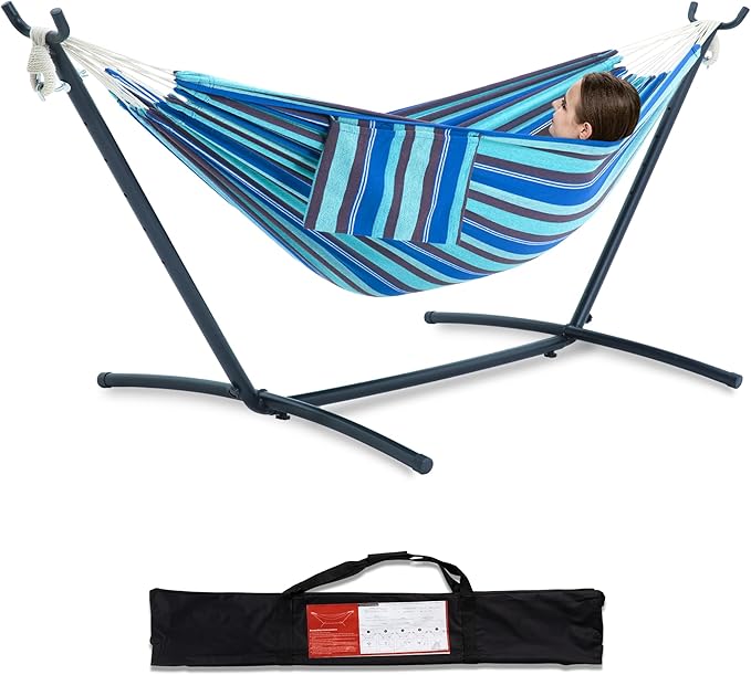 PNAEUT Double Hammocks with Stand for Outside, Portable Space Saving Heavy-Duty Steel Stand for Indoor Outdoor Patio with Carrying Bag, 450 lbs Capacity (Blue Lagoon) by PNAEUT