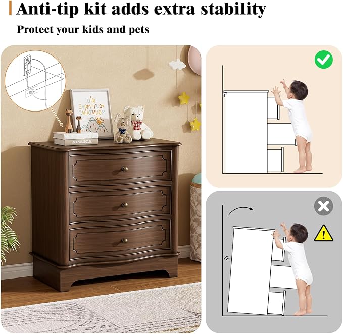 3 Drawers Dresser for Bedroom with Charging Station, 28" Wide Small Chests of Drawers, Farmhouse Wood Nightstand Bedside Cabinet End Table for Bedroom, Living Room, Closet, Hallway - Image 6