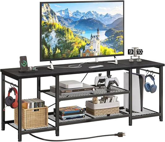 YGEOMER TV Stand for Up to 65 Inch TVs, Entertainment Center with Power Outlet and Open Storage Shelves, TV Media Console Table for Living Room and Bedroom, Black by YGEOMER