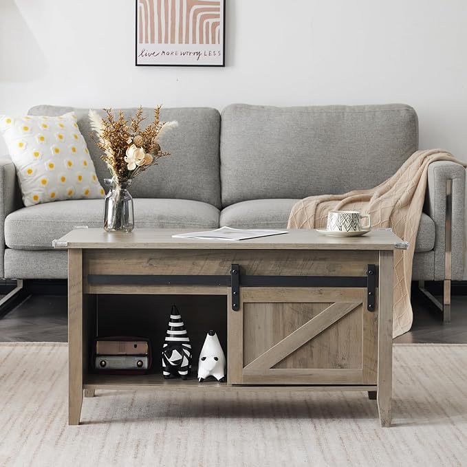 VINGLI Farmhouse Lift Top Coffee Table, Rustic Grey with Storage Shelf/Hidden Compartment, Mesa De Centro para Sala, Rustic Brown (Grey, 36" L)