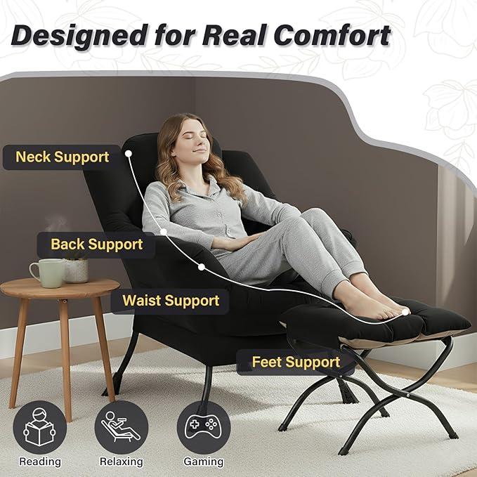 Lazy Chair and Ottoman, Black Velvet Large Accent Chair with a Side Pocket, Modern Leisure Upholstered Sofa Reading Armchair with Footrest for Office, Bedroom, Living Room, Dorm Rooms, Balcony