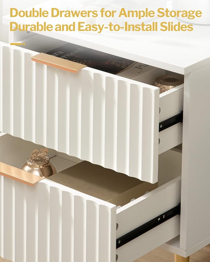 SICOTAS White Night Stand Set 2, Fluted Glossy Nightstand with 2 Drawers, Wide Modern Storage Bedside Table for Bedroom, End Side Table with Golden Metal Legs and Handles (White, 1 Piece) - Image 5