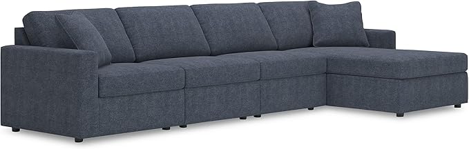 Signature Design by Ashley Modmax Stain Resistant Minimalist Modular Anti Sag Right-Arm Facing 4-Piece Sectional with Chaise, Loose Reversible Cushions and 2 Accent Pillows, Blue