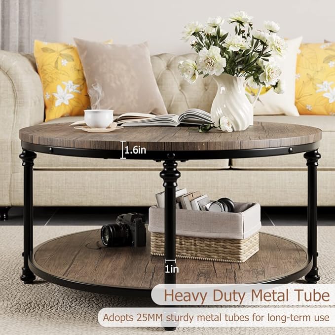 Garvee Round Coffee Table, 2 Tier Center Table with Storage for Living Room, 30.5 x 18 in, Wood Center Table for Living Room, Apartment, Easy to Assemble