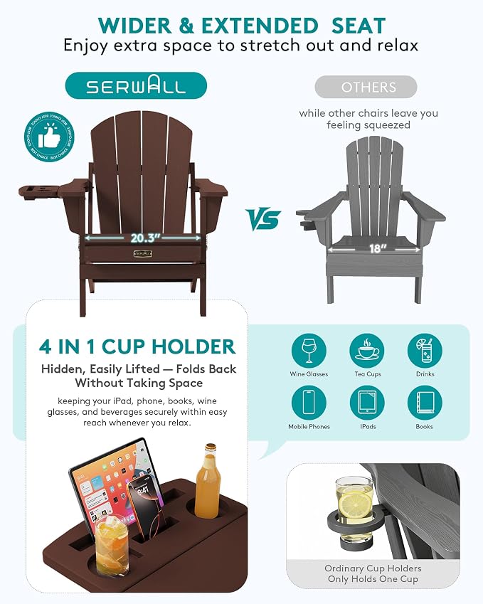 SERWALL Folding Adirondack Chair for Outdoor, Paito Adirondack Chairs with 4 in 1 Cup Holder, All-Weather Patio Chairs with Wood Texture, Fire Pit Chairs for Deck Porch Garden Poolside -Coffee - Image 6