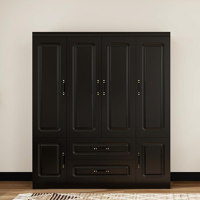 Armoire Wardrobe Closet with 4 Doors, Tall Wooden Armoire Wardrobe Closet with 2 Drawers and 2 Hanging Rods, Armoires and Wardrobes, Clothes Storage Organization for Bedroom Black