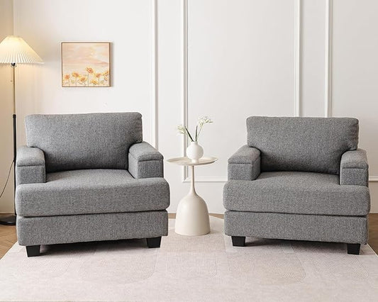 Oversized Living Room Chairs Set of 2,Comfy Accent Chair with Armrest Organizer,Upholstered Armchair Thick Cushion,Big Reading Chair,Sofa Chair for Bedroom,Linen,Dark Gray