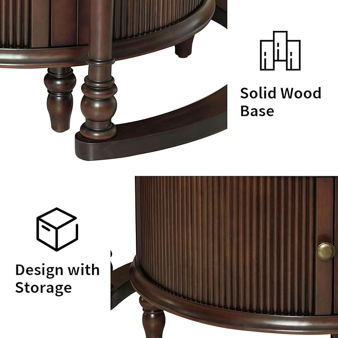 31.5'' Glass Top Round Coffee Table with Storage, Solid Wood and MDF Fluted Coffee Table Set of 2 for Living Room Office, Brown